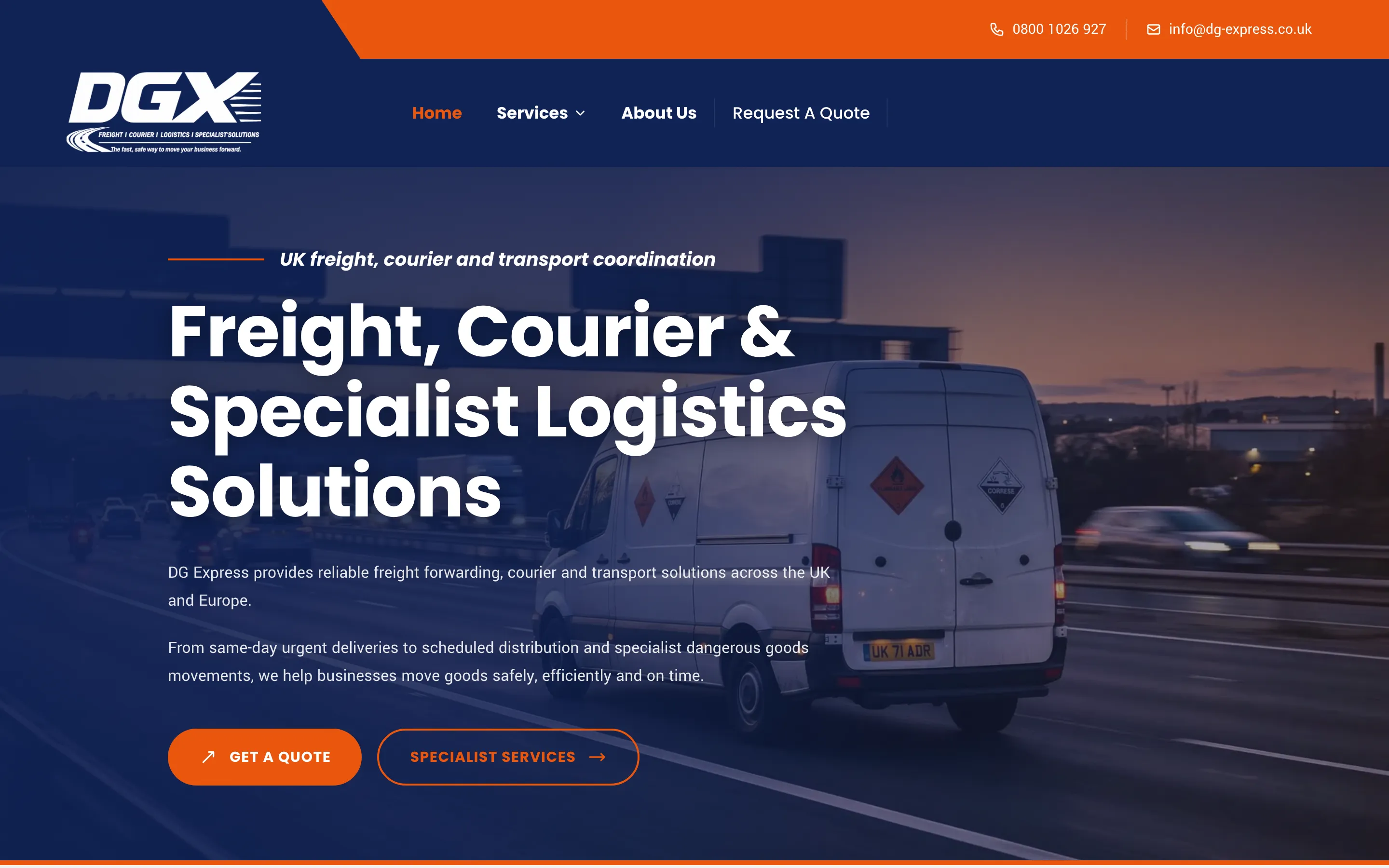 DG Express website homepage built by Local Ladder, logistics delivery in Glasgow