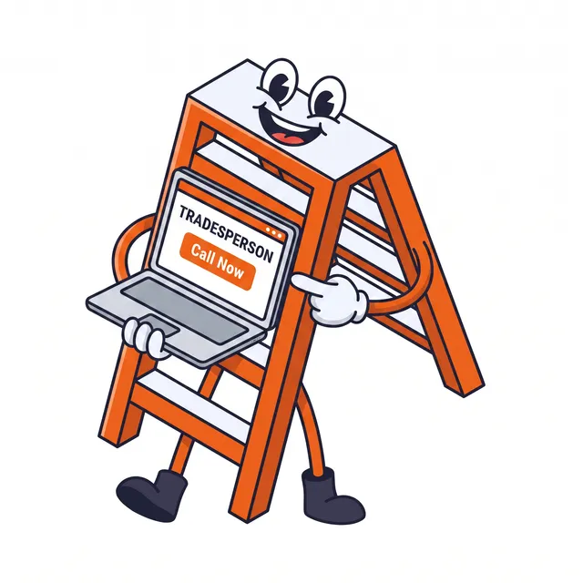 The Local Ladder mascot holding a laptop showing a tradesperson website