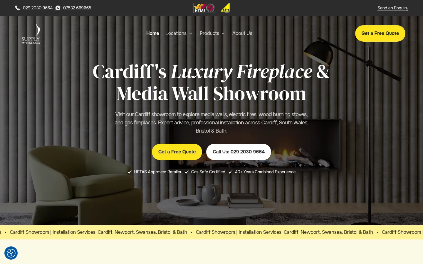 Supply My Fire website homepage built by Local Ladder, fireplace installation in Cardiff