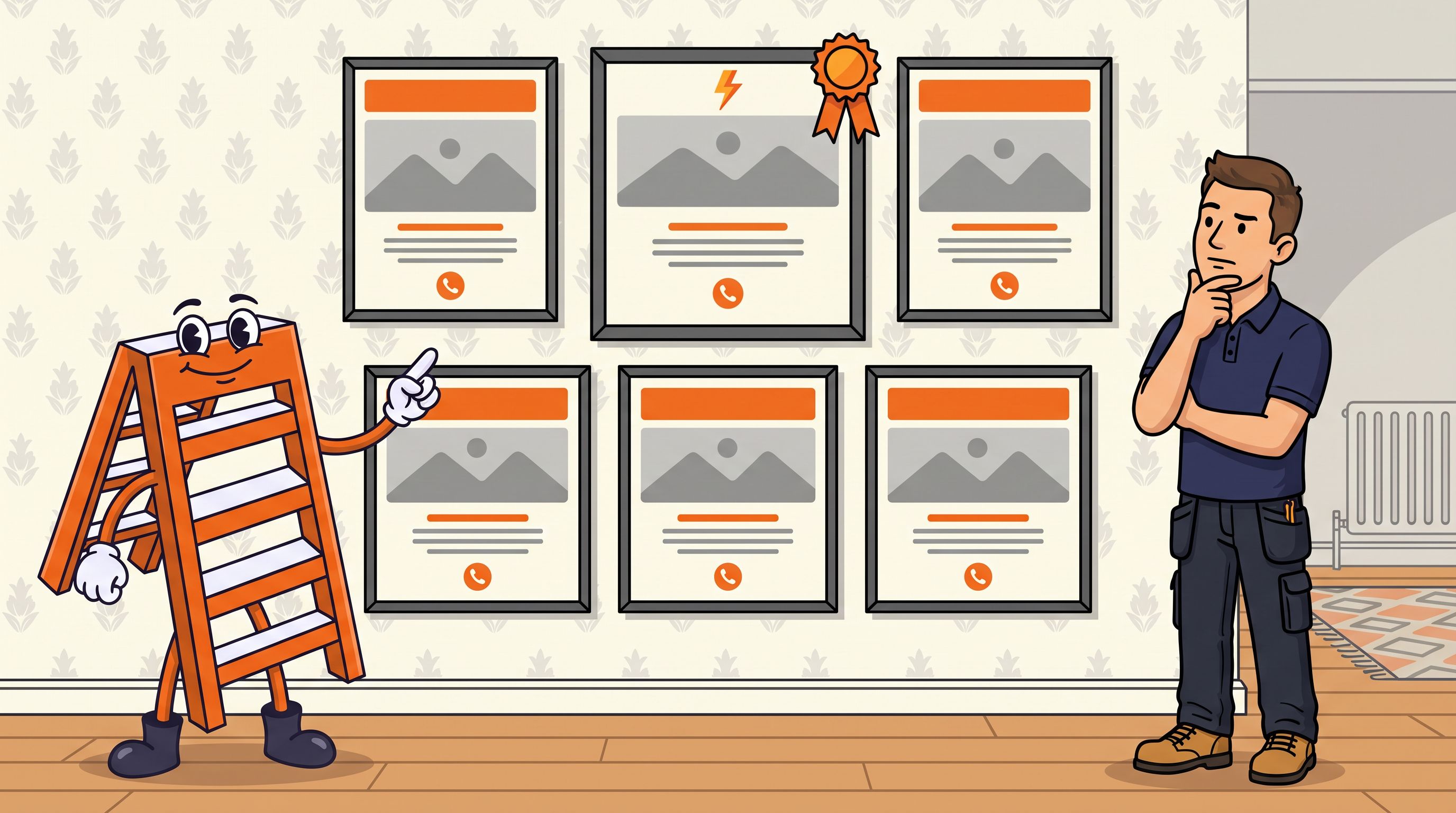 Illustration of the Local Ladder mascot pointing at a wall of framed electrician website homepages while an electrician considers them