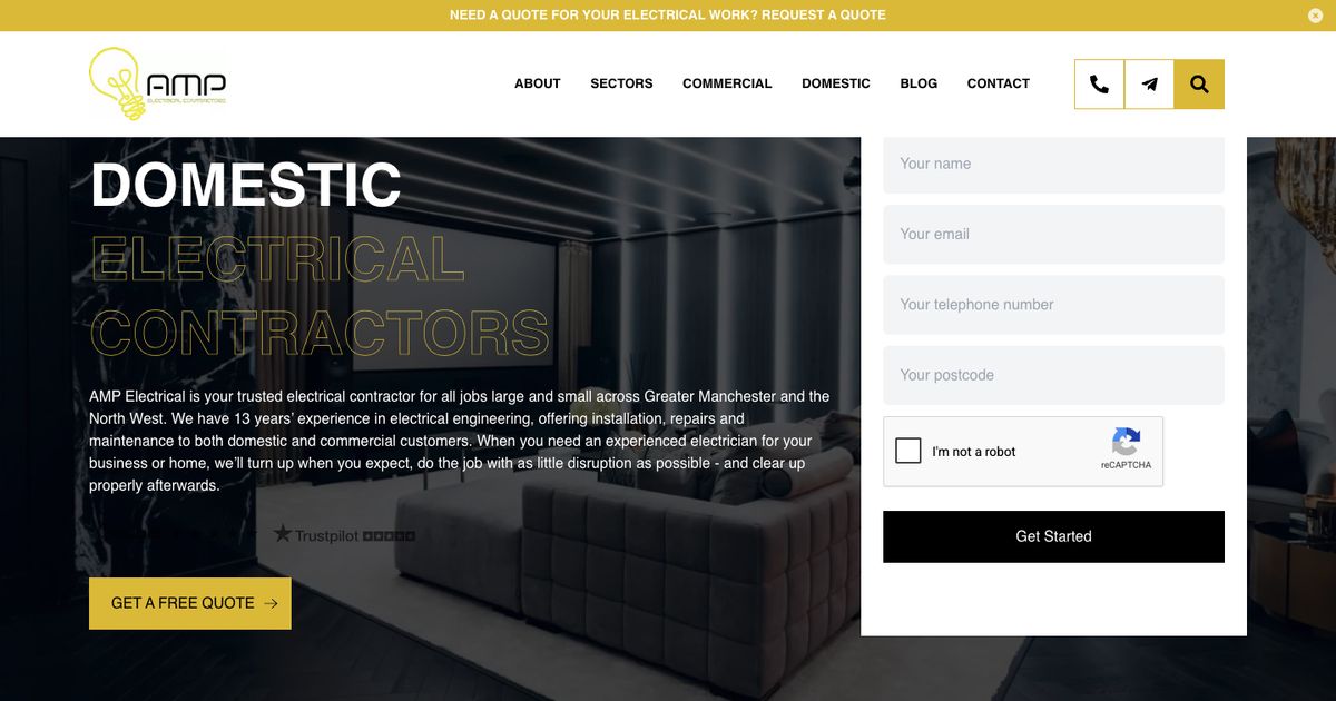 AMP Electrical homepage: family-run NICEIC contractor across Greater Manchester with quote form in the hero