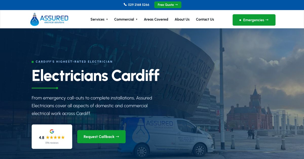 Assured Electricians homepage: NICEIC registered electricians in Cardiff with Google rating and callback button