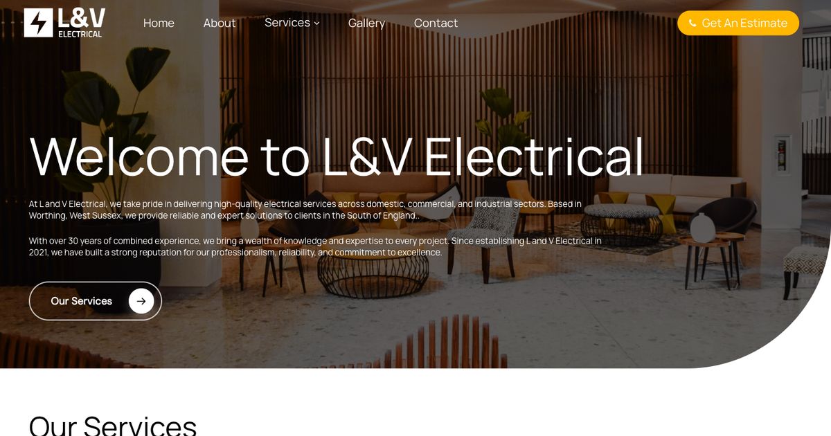L and V Electrical homepage: NICEIC approved electricians in Worthing with Get An Estimate button