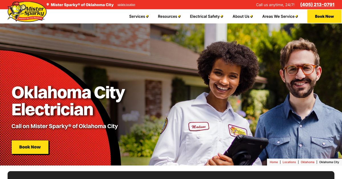 Mister Sparky Oklahoma City franchise page with 24/7 phone number and Book Now button