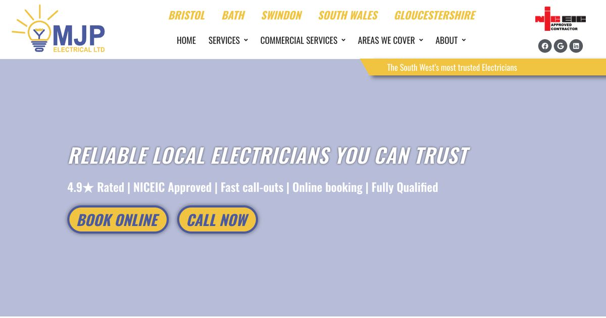 MJP Electrical Services homepage: family-run NICEIC approved contractor with Book Online and Call Now buttons