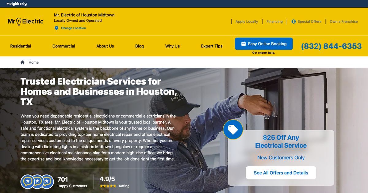 Mr Electric Houston Midtown franchise page with online booking form and 701 happy customers counter