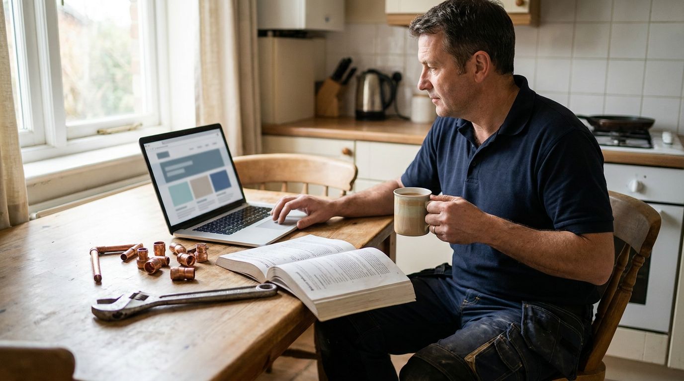 UK plumber at a kitchen table comparing website design costs on a laptop, copper fittings and wrench beside him