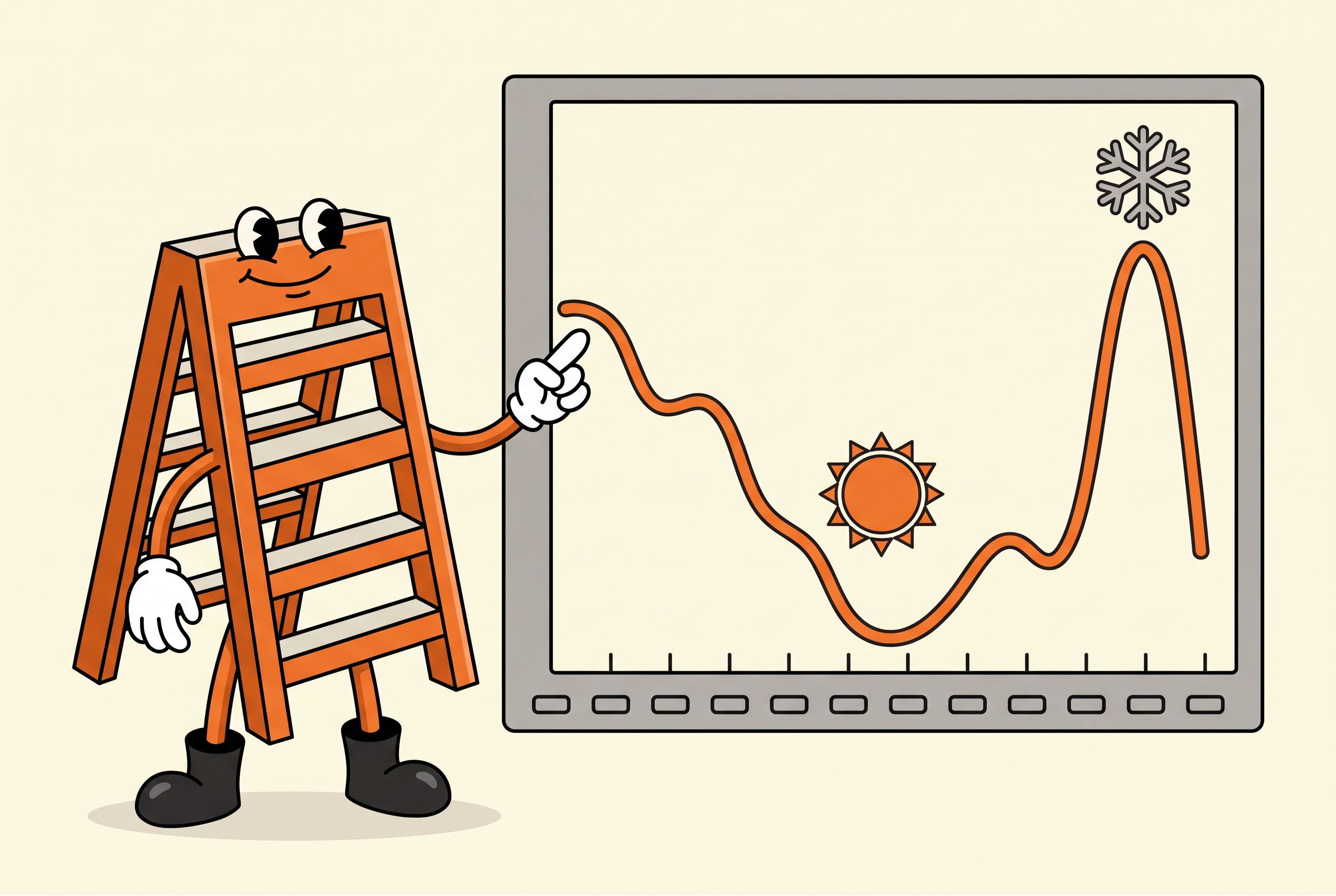 The Local Ladder mascot pointing at a line graph showing plumbing search demand dipping in summer and spiking in winter