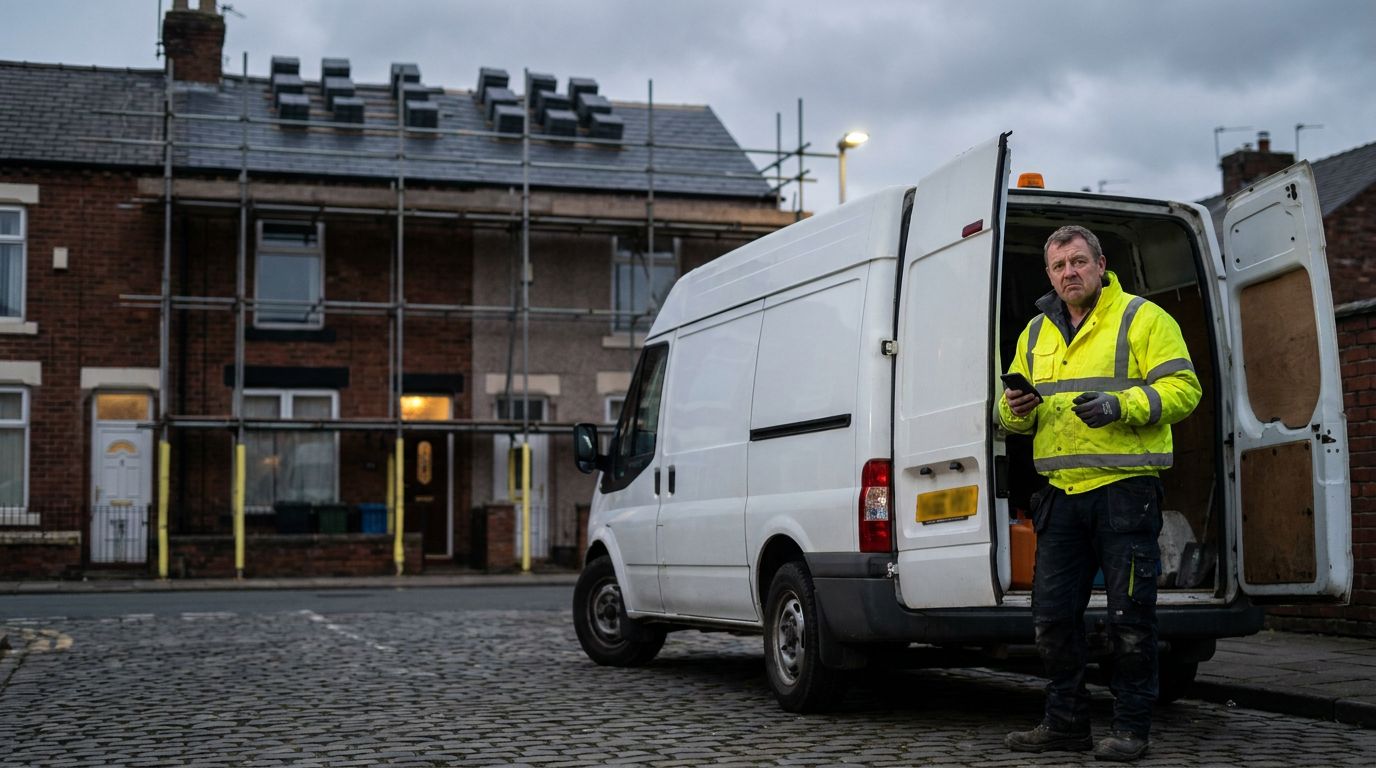 UK roofer in hi-vis checking his phone beside his van, scaffolding and a re-slated terraced roof behind him