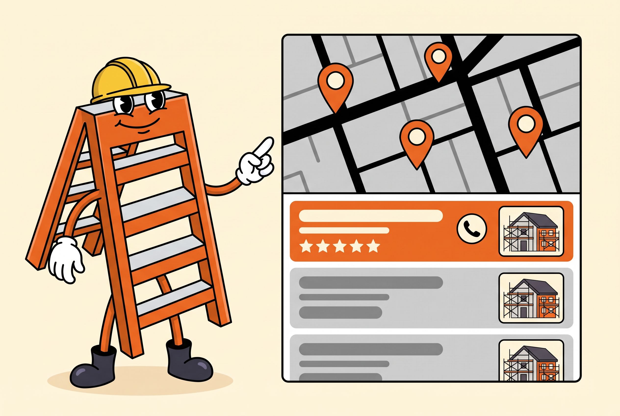 The Local Ladder mascot in a hard hat pointing at a Google map pack listing showing three local building firms with the top one highlighted