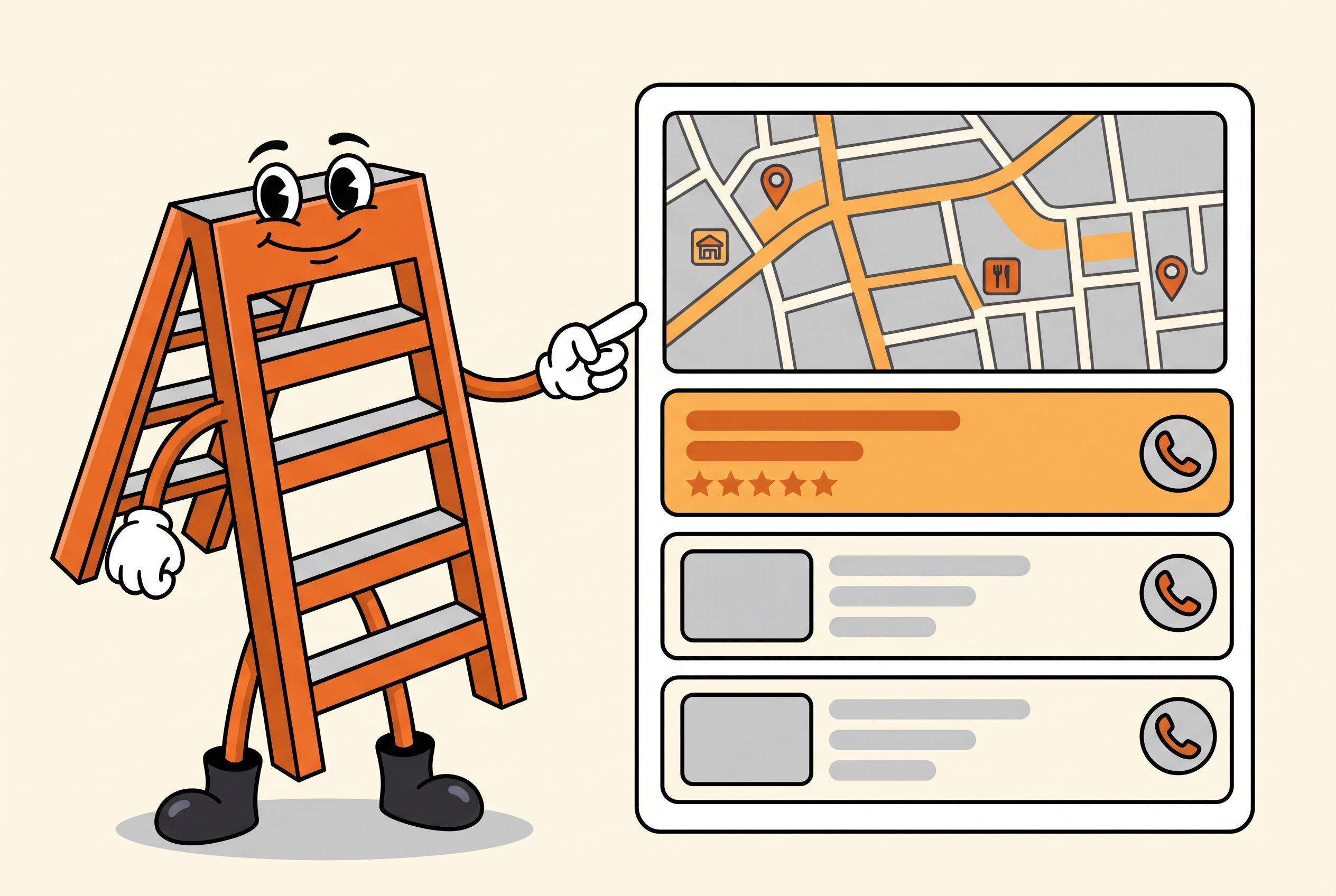 The Local Ladder mascot pointing at a Google map pack listing showing three local electrician businesses with the top one highlighted