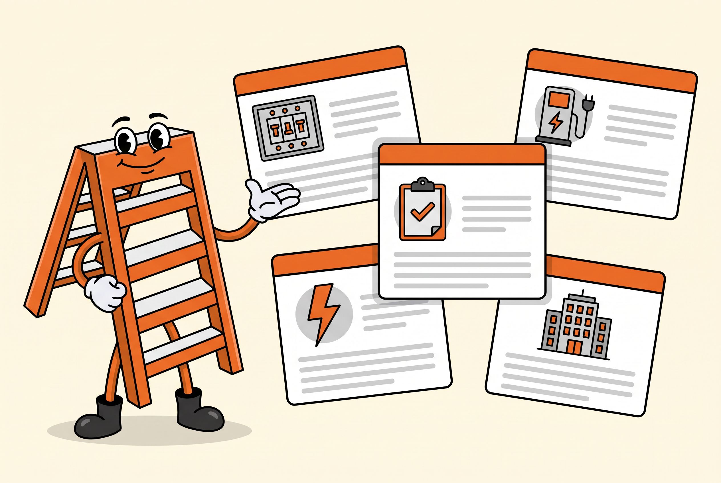 The Local Ladder mascot presenting separate web pages for fuse board work, EV charger installation, EICR certificates, fault finding and commercial electrical work