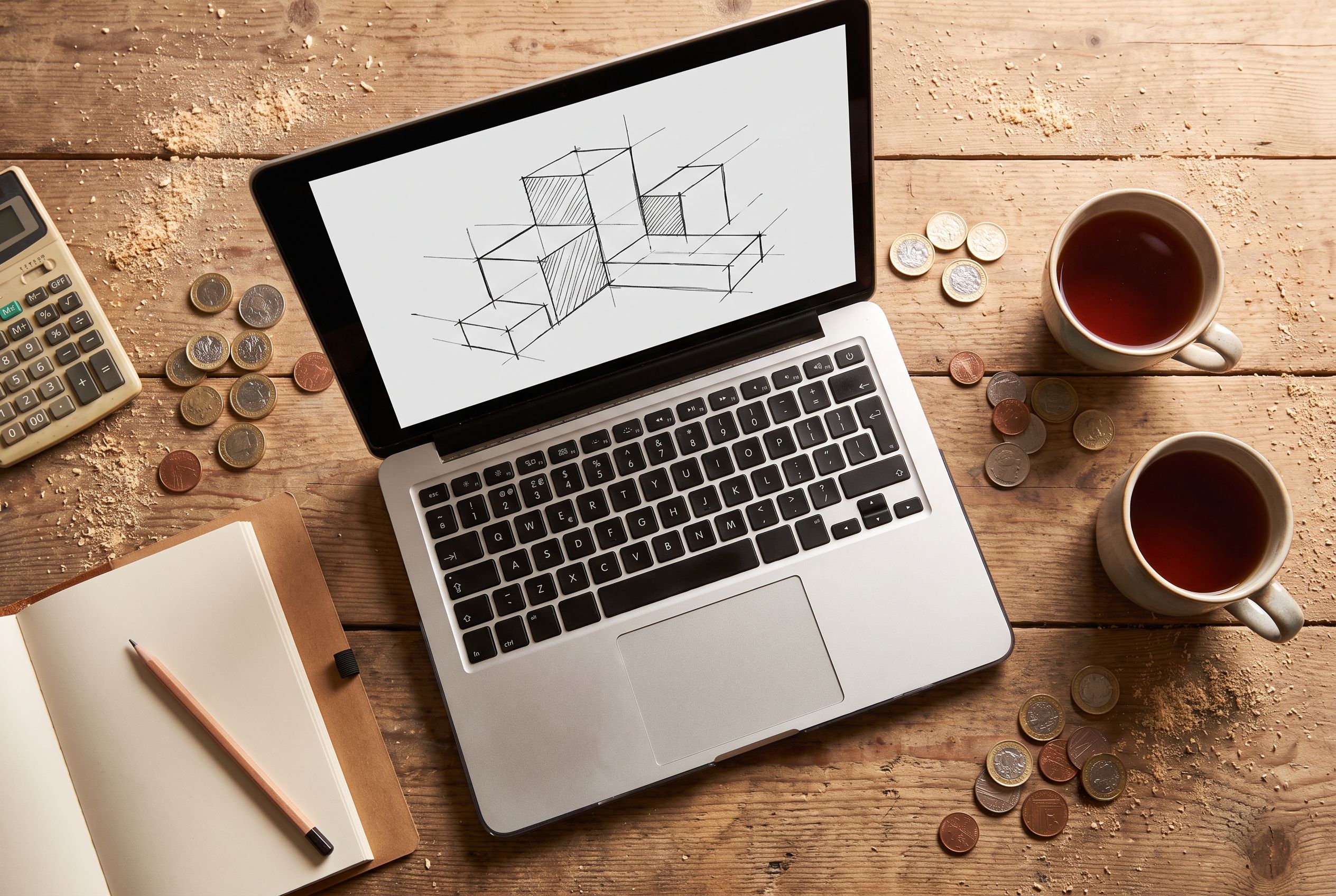 Laptop showing a website wireframe surrounded by pound coins, a calculator and mugs of tea on a workbench