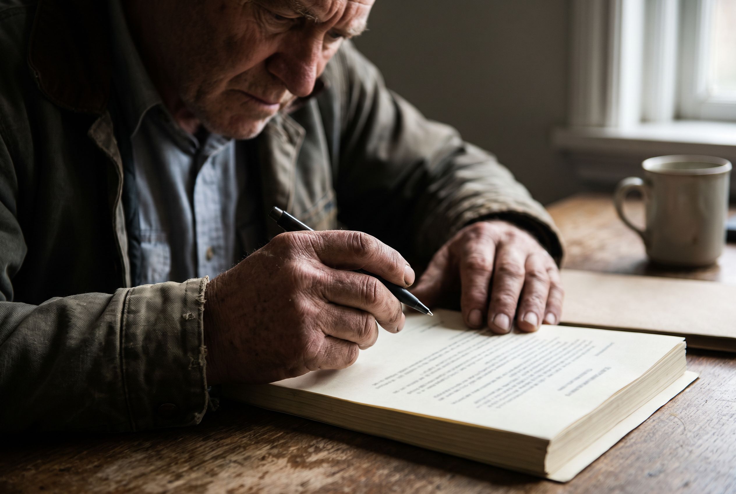 Tradesperson's hands reading the small print of a contract carefully before signing