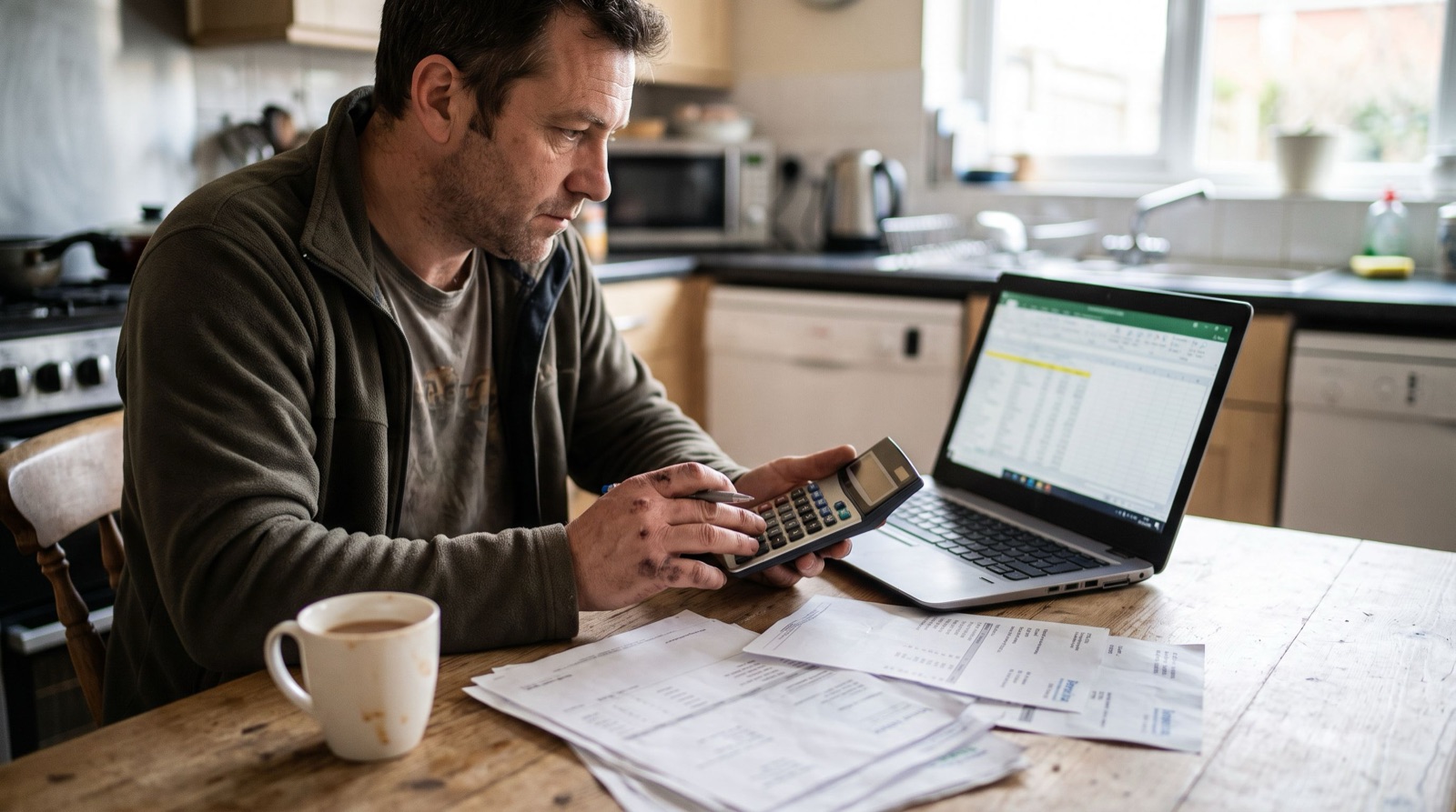 A UK tradesman totting up directory invoices with a calculator at his kitchen table