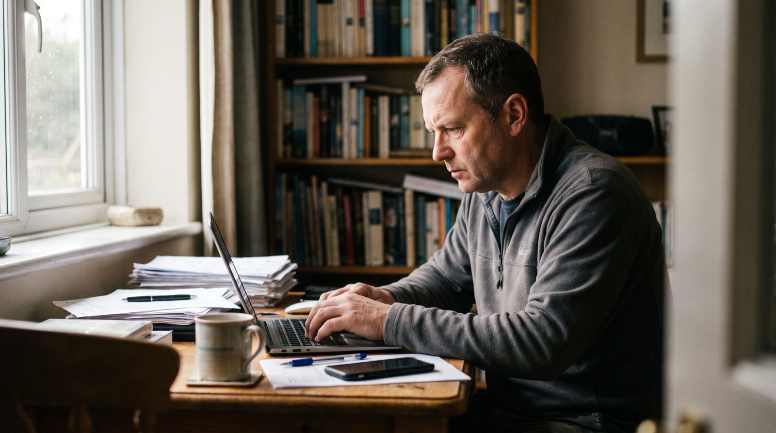 A tradesman writing his cancellation notice at his home office desk